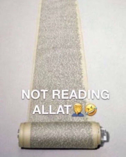 This is a meme of scroll that is super large with a lot of text on it. The caption of the meme is "Not reading allat".
