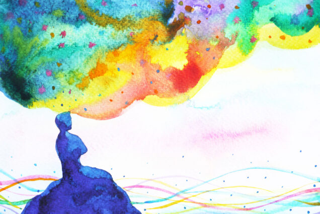 Illustration of a person sitting on a rock, with a large wave of rainbow colors coming out of their head