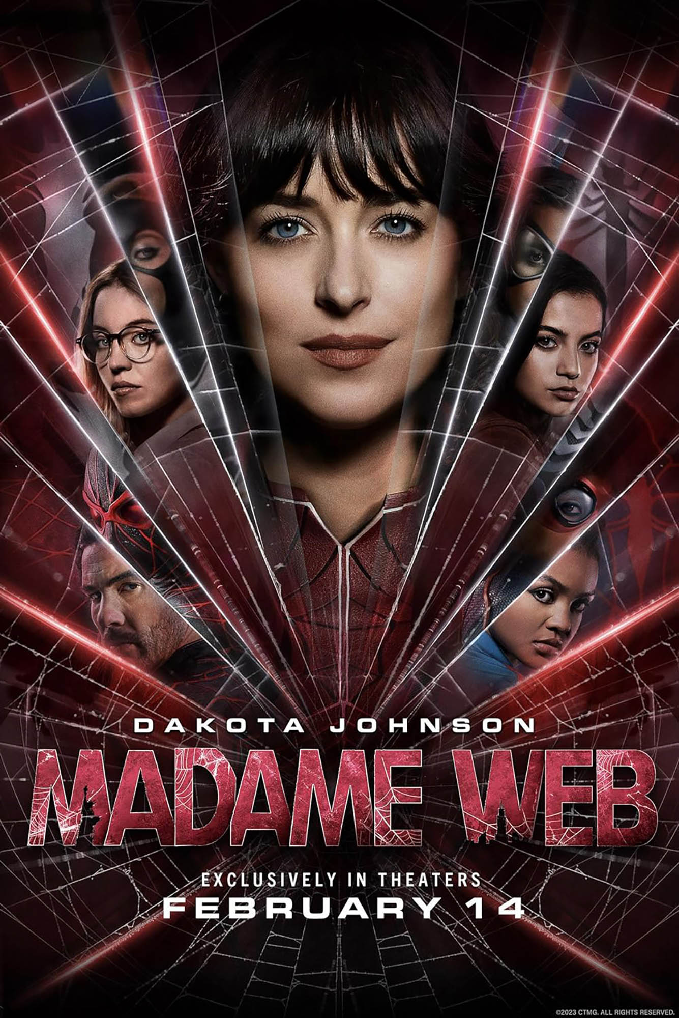 Photo: Madame Web movie poster with face silhouettes that break and crack from the center of where the typography is at the bottom. The face in the middle, Dakota Johnson, and four other faces are behind her.