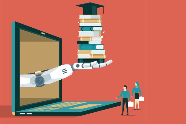 Photo: An illustration of a robot arm reaching out of a laptop holding a stack of books and a graduation cap. Two people stand next to the laptop looking at the arm