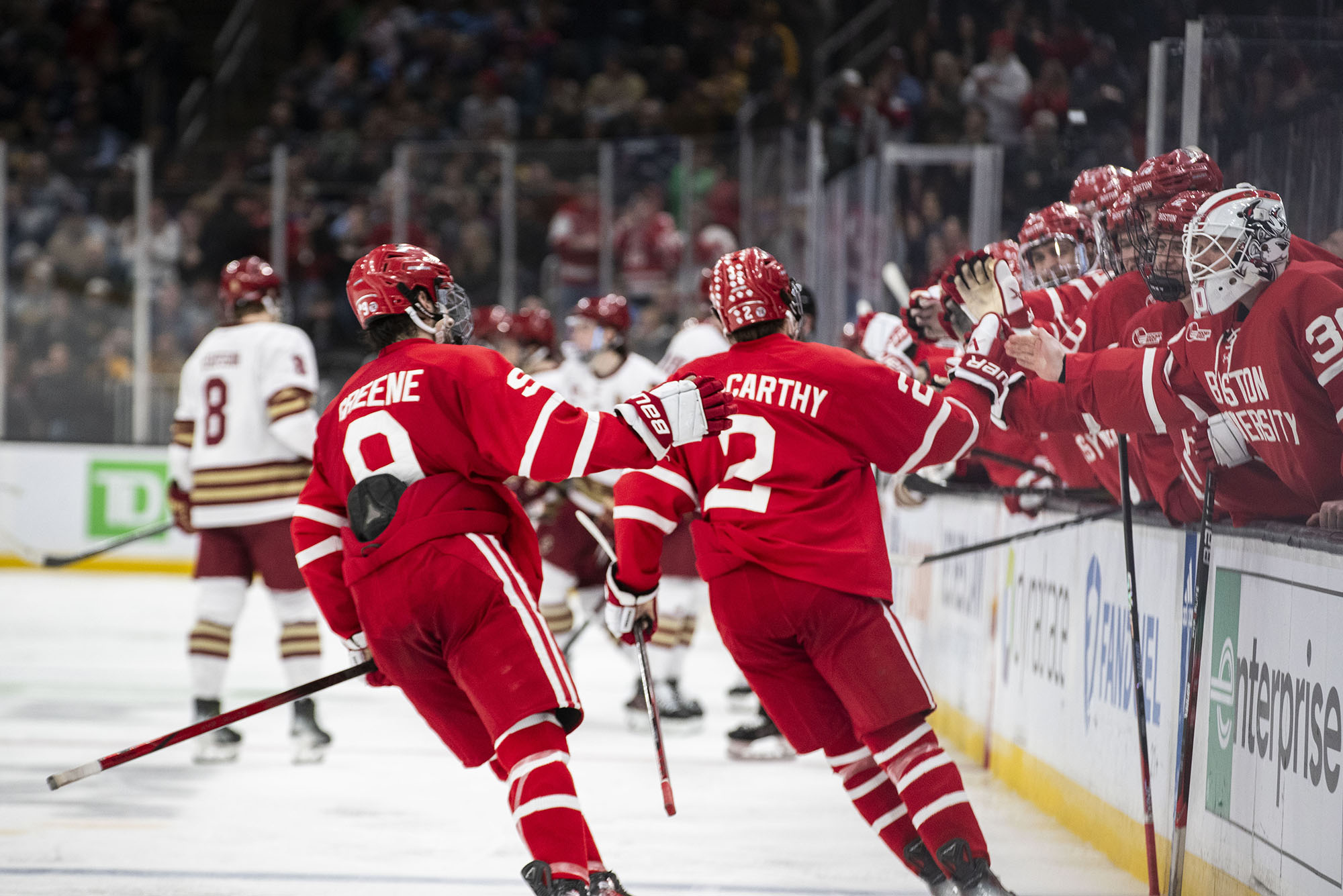 Photo: BU defenseman Gavin McCarthy (CAS’27) celebrates his first collegiate goal, scored in the second period