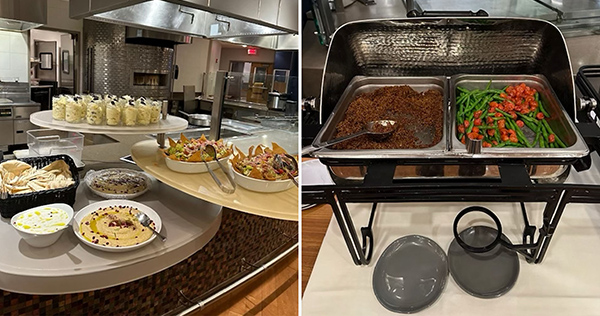 Photo: A composite image of dinning at BU. A dessert tray option on the left and a heated try option, with meat and vegetables, on the right.