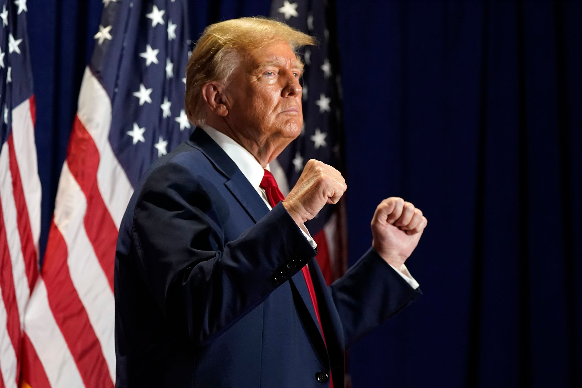 Photo: Donald Trump stands with arms raised at a recent rally