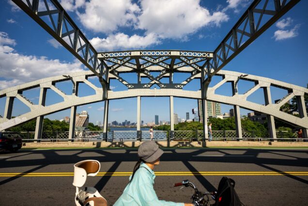 Photo: A picture of BU bridge with a person biking over it