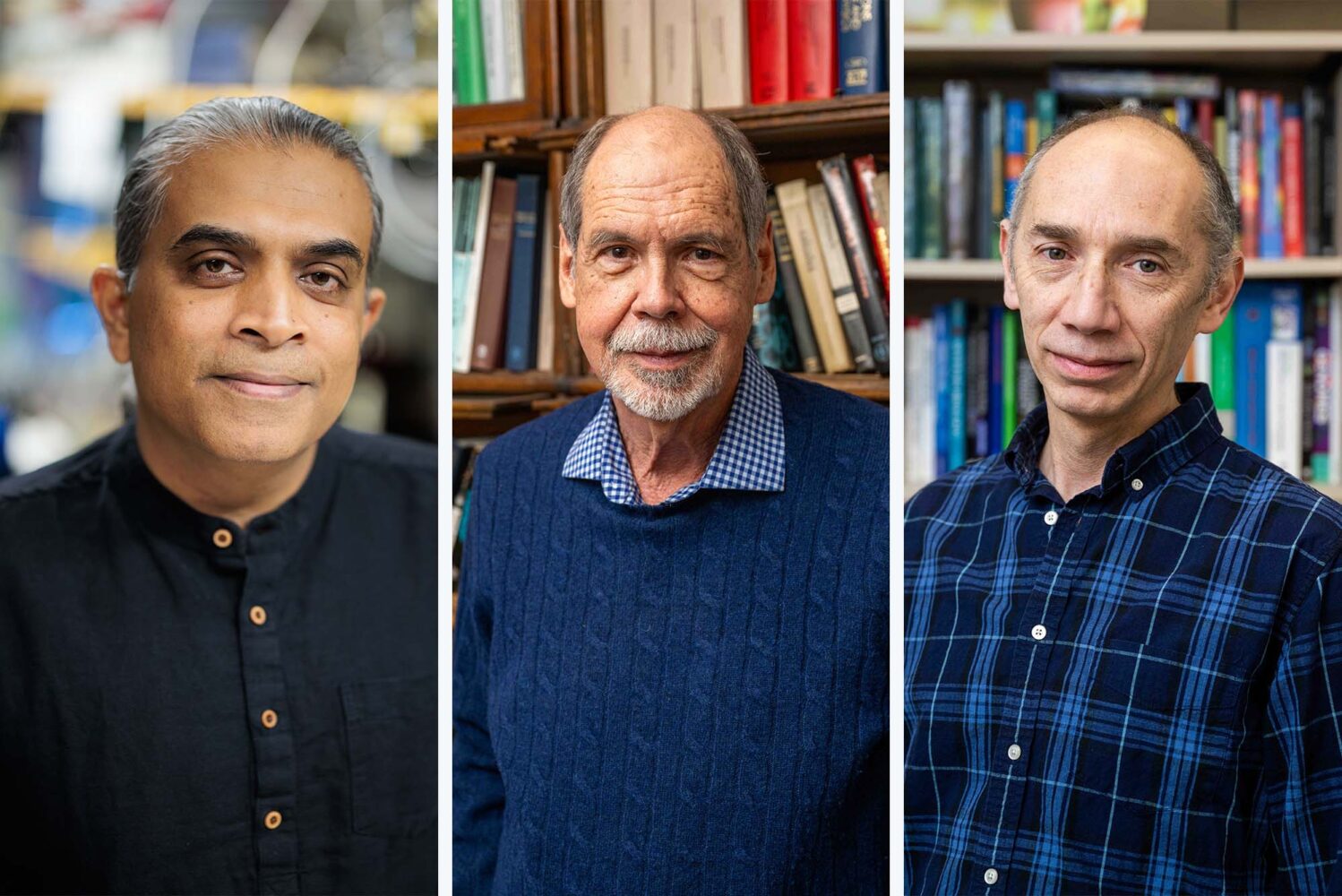 Photo: A collage image with three different men on the front. From left, electrical and computer engineer Siddharth Ramachandran, physicist Bradley Lee Roberts, and biologist Daniel Segrè