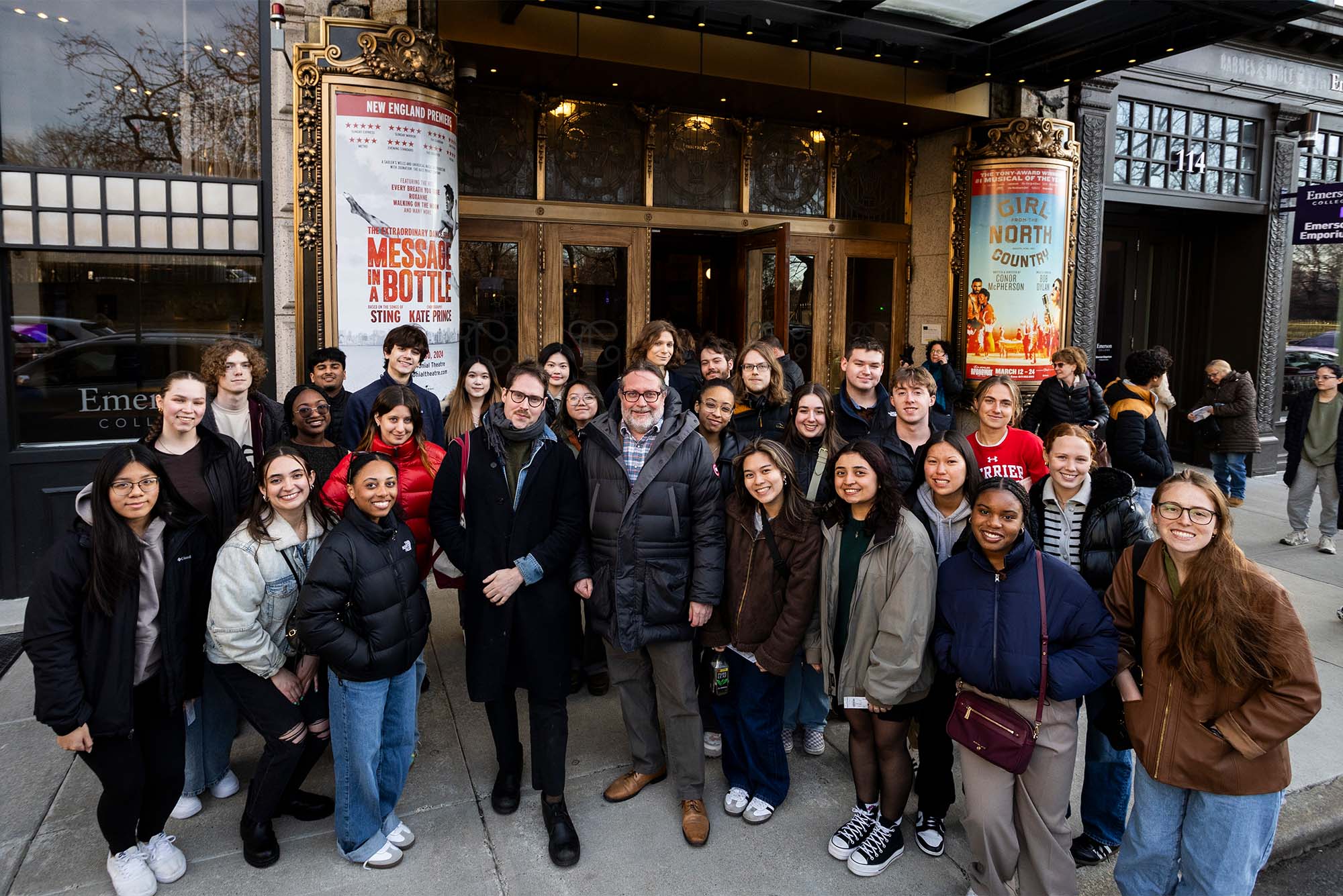 Chase Culler (center left) and Kevin Barents (center right) each teach a section of The Theater Now, a CAS Writing Program course that takes students to local theater productions. This semester, they’ve seen Hairspray and The Girl from the North Country. Photos by Jake Belcher