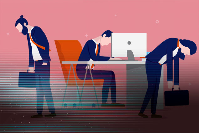 Photo: A drawing of three workers looking depressed. One in the middle sits at a desk, slumped in front of a computer. The other two are walking in opposite directions with suitcases. A glitch overlay rests on top of the image.