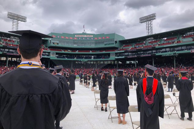 Photo: A snapshot of graduation in the midst of the pandemic. Each grad has 6 feet of space between them and their seat.