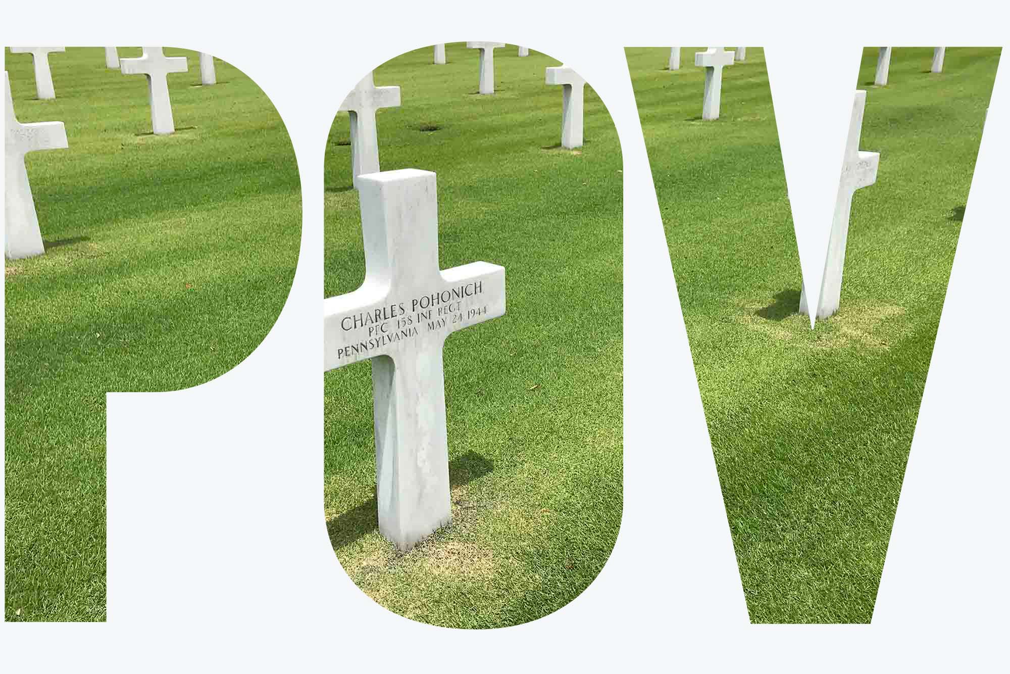 Photo: A POV overlay on top of a picture of a headstone in a cemetery.