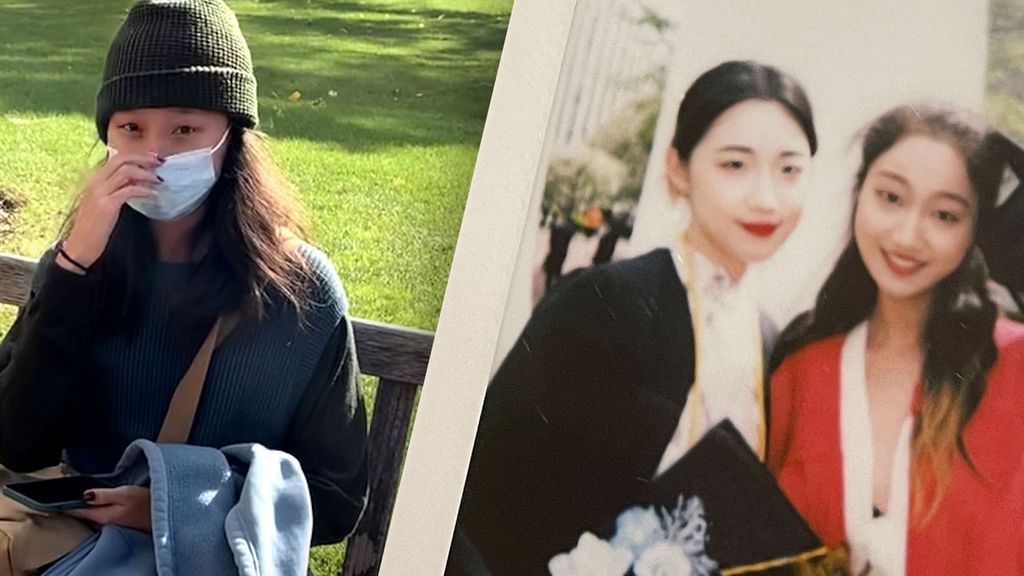 Composite image of a student sitting on a bench, and the same student standing with a friend in their graduation gowns