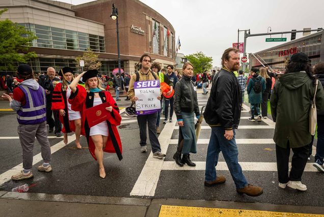 Photo: Grad student protest on the corner of Harry Agganis Way and Commonwealth Ave May 19.