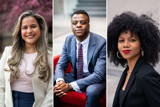 Photo: A composite image of three graduate students from Boston University. From left, Ana Calderon, a women with long brown with blonde highlights hair wearing a tan blazer and a pink shirt. She smiles for the photo. In the middle, George Boateng, a Black man with a tapered fade wearing a blue suit and patterned tie. He poses for the photo with his hands clasped in front. And on the right, a Black woman with her hair natural curls wearing a black blazer and gold hoops. She poses for the photo.