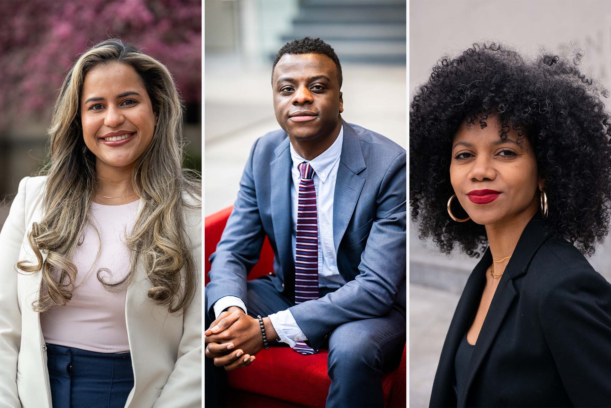 Photo: A composite image of three graduate students from Boston University. From left, Ana Calderon, a women with long brown with blonde highlights hair wearing a tan blazer and a pink shirt. She smiles for the photo. In the middle, George Boateng, a Black man with a tapered fade wearing a blue suit and patterned tie. He poses for the photo with his hands clasped in front. And on the right, a Black woman with her hair natural curls wearing a black blazer and gold hoops. She poses for the photo.