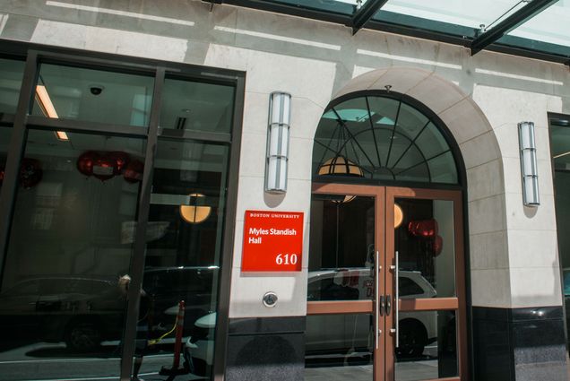 Photo: A shot outside a dorm building at BU. A red sign out front reads MYLES STANDISH HALL.