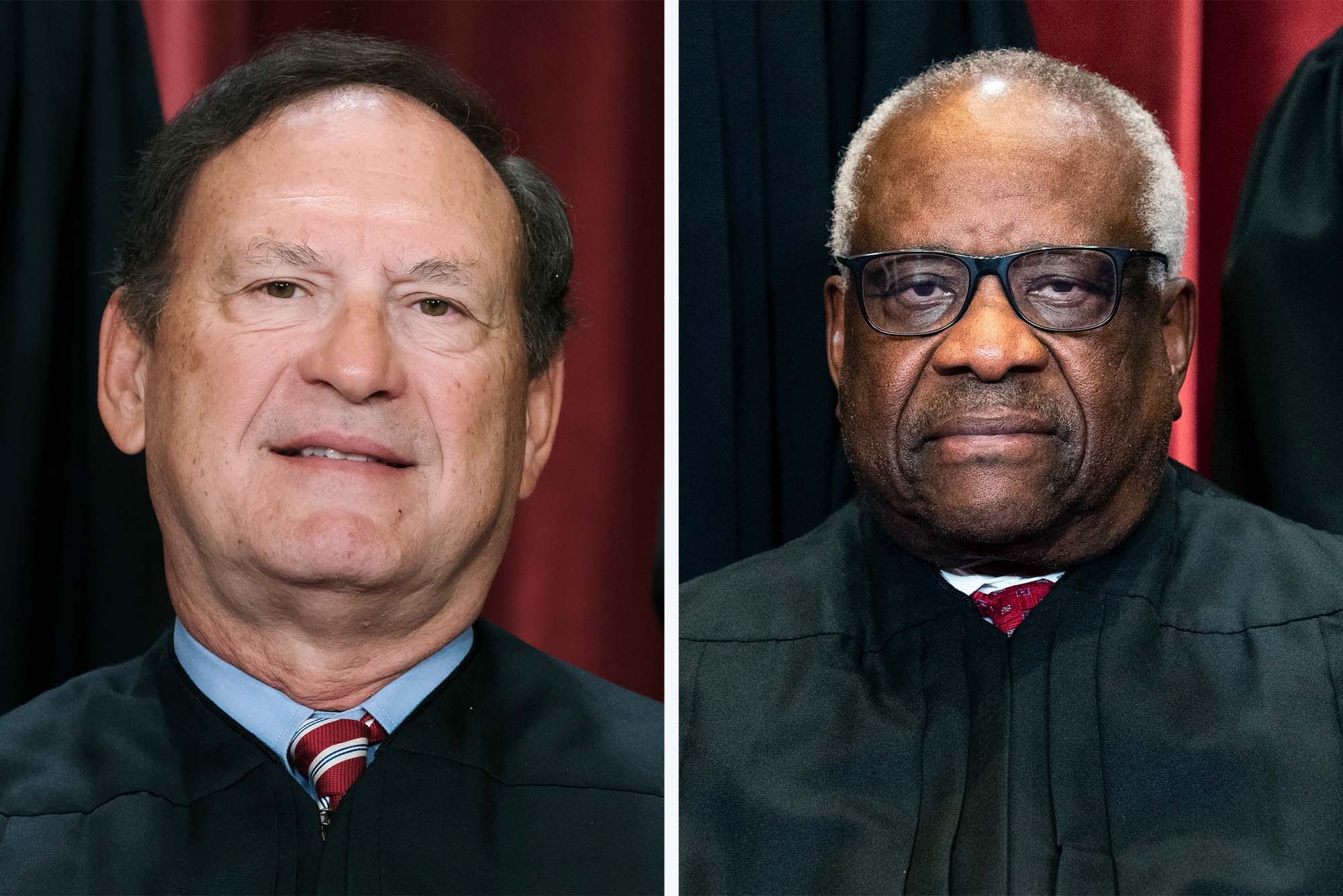 Composite image of Samuel Alito, a white man wearing judge robes smiling for a formal portrait, next to Clarence Thomas, a black man also in judge robes with a serious look on his face