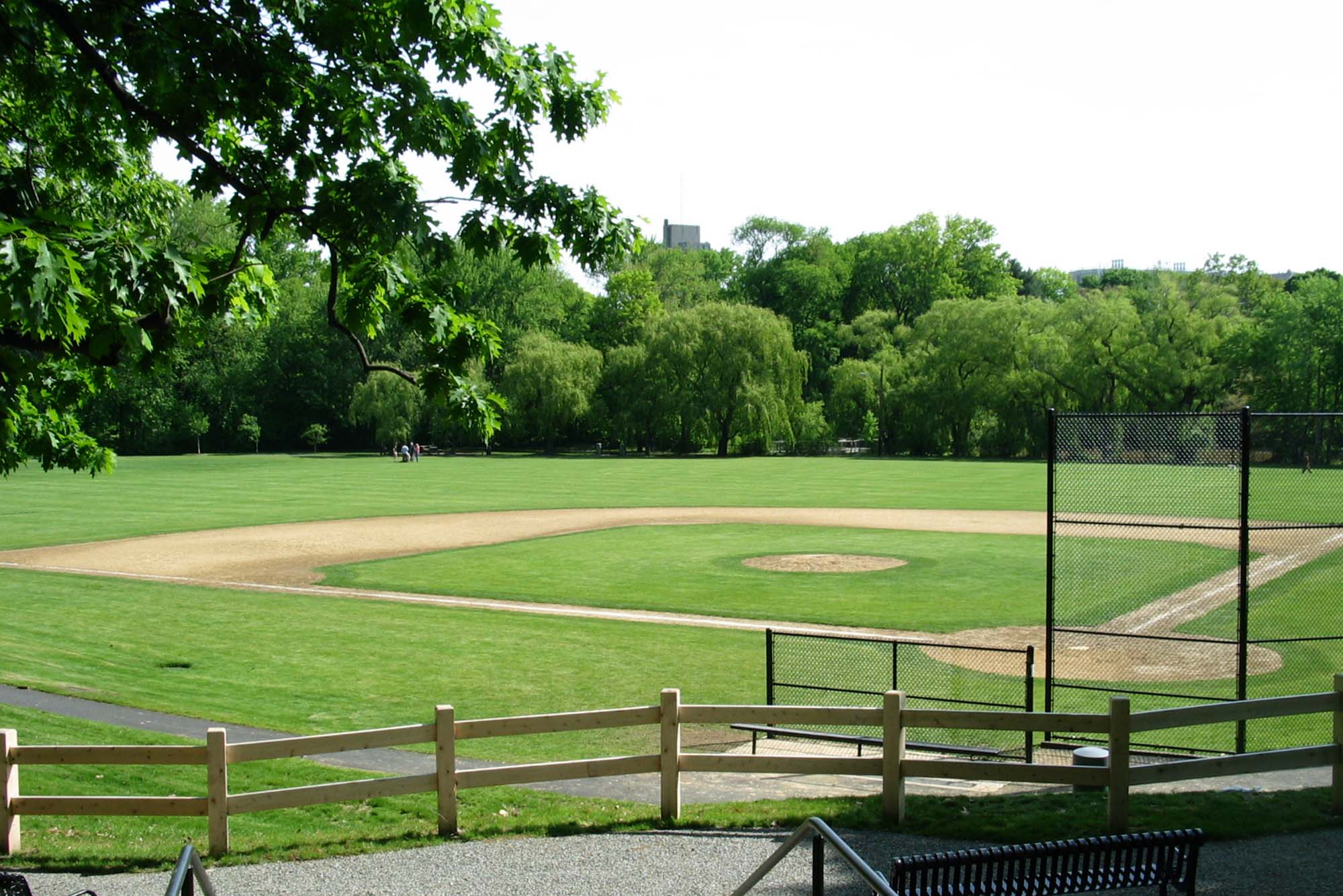 Photo: A picture of a grassy park that features a baseball diamond