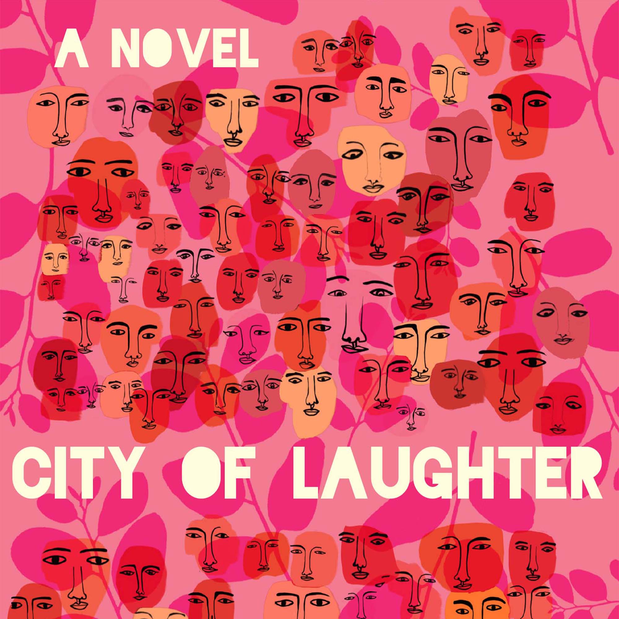 Photo: Cover of the book "A City of Laughter" by Temim Fruchter. The cover is full of sketches of faces in various hues, ranging from tans to reds and browns. The background is pink and features drawings of leaves on stems