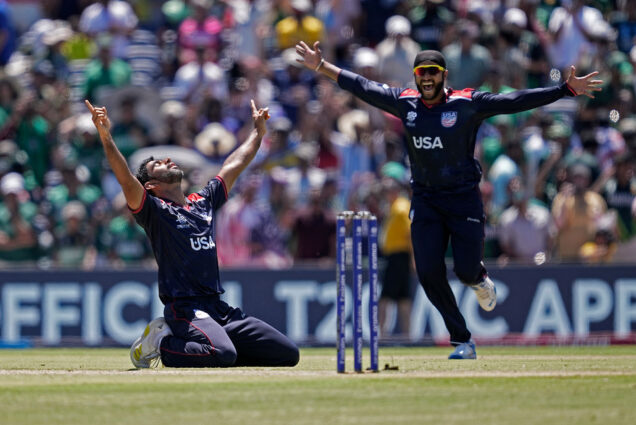 Photo: A picture of two U.S. Cricket players celebrating winning a game on the field