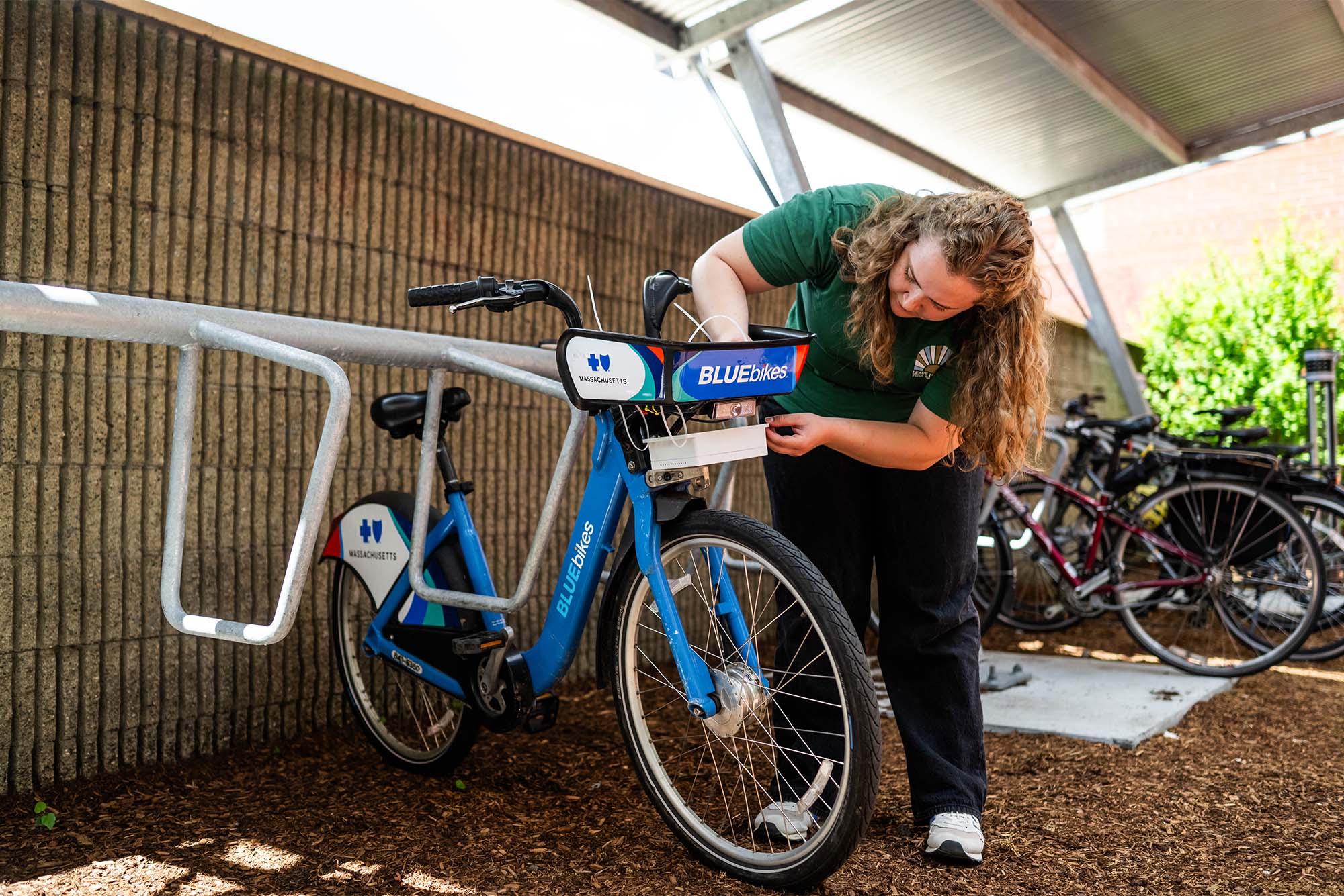 Photo: A woman mounts a sensor on a Boston city Blue Bike.