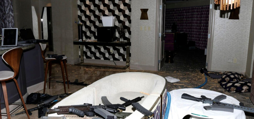 The interior of Las Vegas shooter Stephen Paddock's 32nd floor room of the Mandalay Bay hotel, showing many of the guns he used to massacre 60 people at a country music festival on October 23, 2017. Photo by Las Vegas Metropolitan Police Department via AP