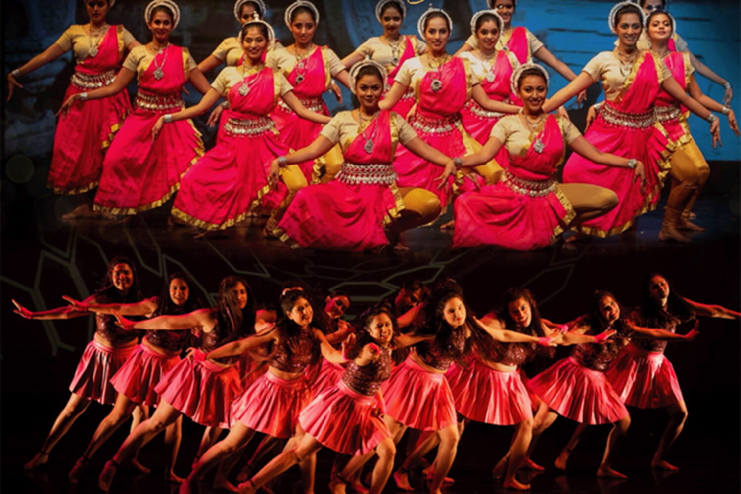 Photo: A row of bollywood dancers in bright red outfits dancing at a recent show