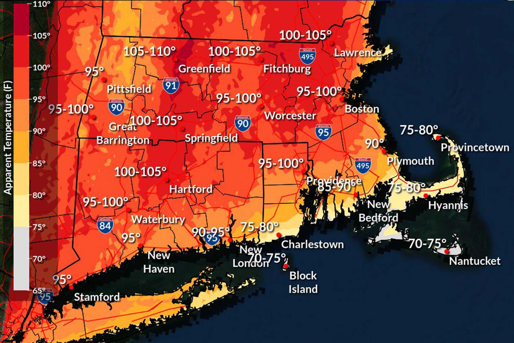 Photo: A picture of a map of the New England region of the United States covered in red and depicting a heat wave with extremely high temperatures