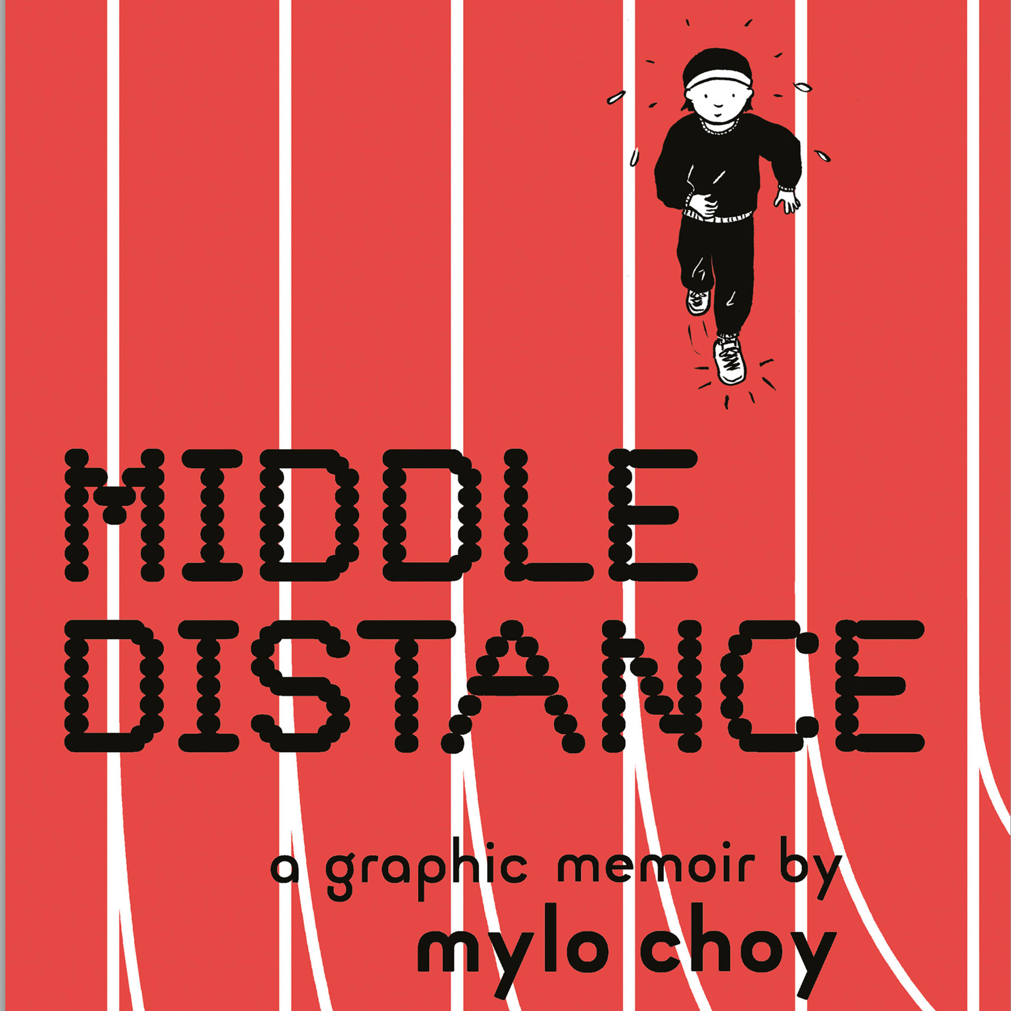 Photo: The cover of the book "Middle Distance" by Mylo Choy. The background is red with white lines drawn vertically across it. There is a cartoon-like illustration of a person jogging down a pair of the lines
