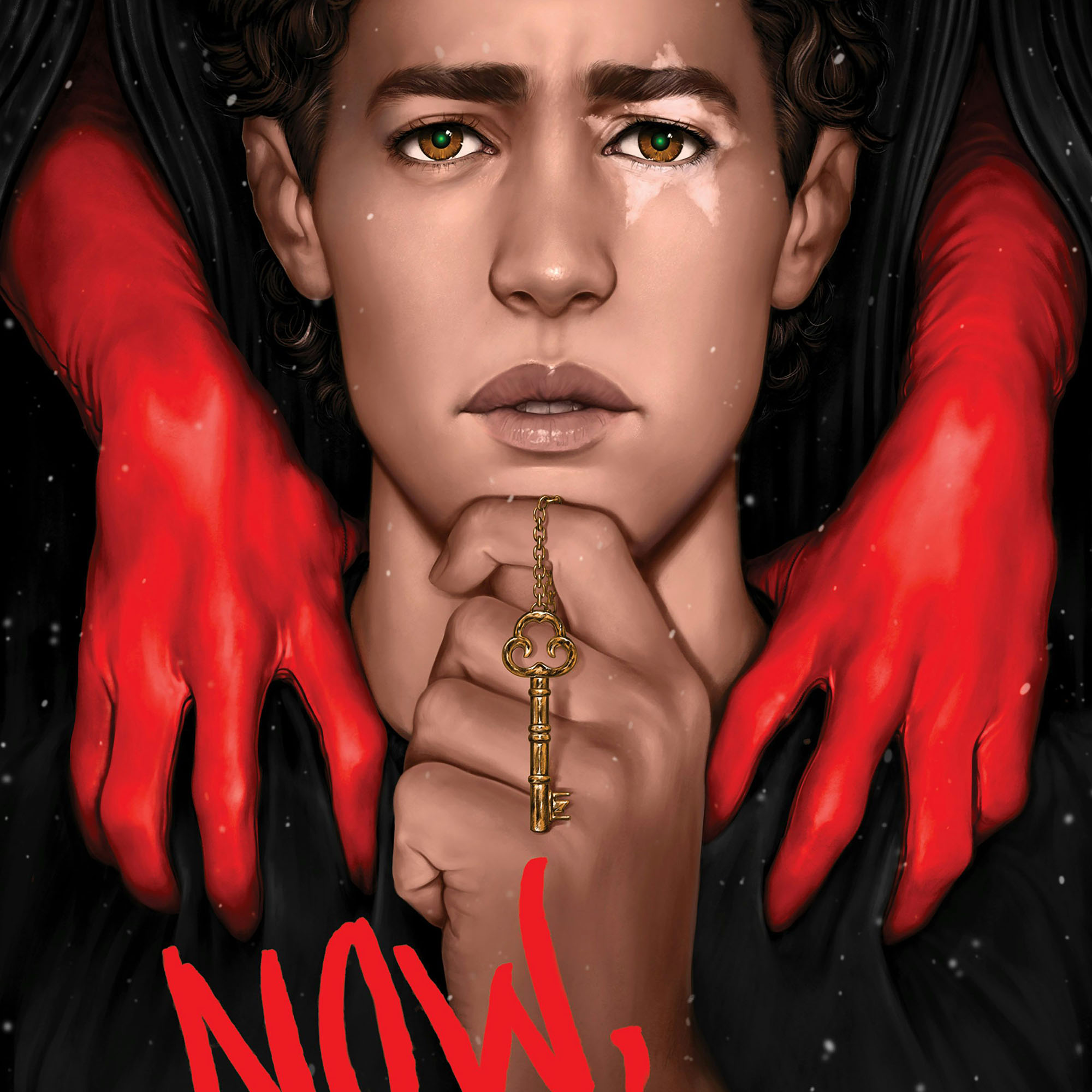 Photo: The cover of the book "Now, Conjurers" by Freddie Kölsch. It features an illustration of a boy with brown eyes and green pupils and white star mark over his left eye. He is clutching a key on a chain to his mouth while hands in red gloves reach towards him