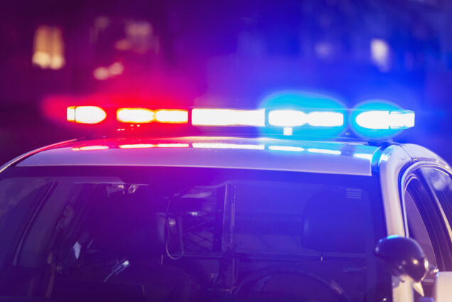 Photo: The roof of a police patrol car at night, with the blue and red lights flashing.