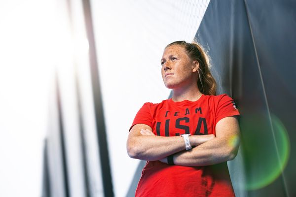 Photo: Ally Hammel, a white woman with a red tshirt, poses for a photo prior to the match against Argentina at the University of North Carolina