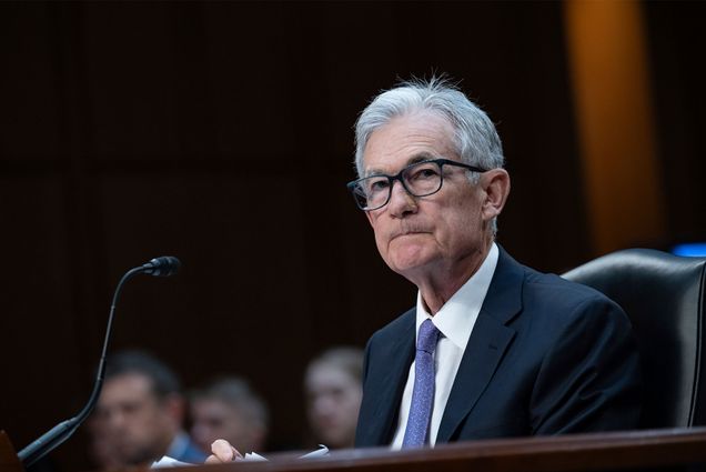 Photo: FED Chairman Jerome Powell, an older white man wearing glasses and a suit at a senate hearing