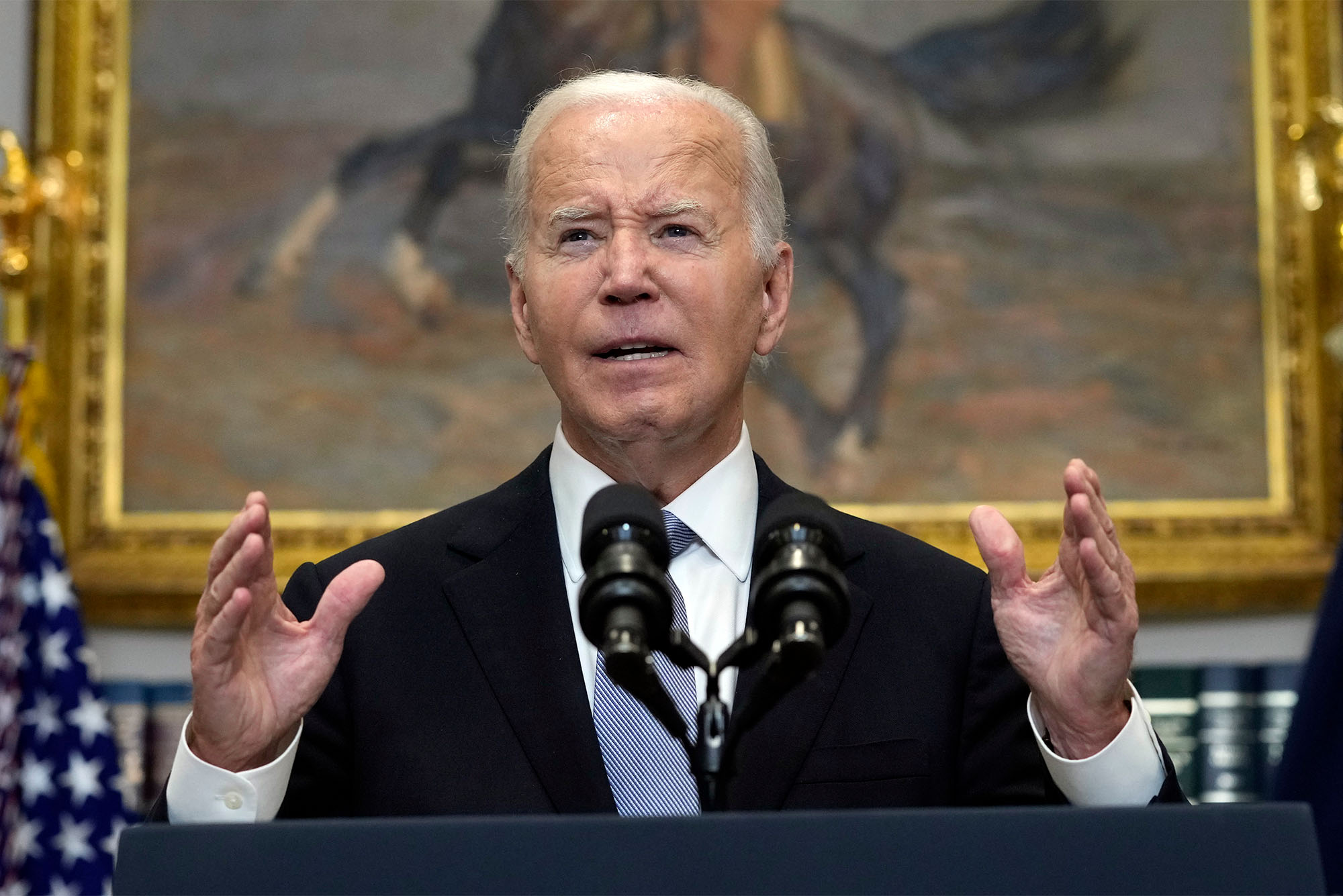 President Joe Biden speaks from the Roosevelt Room of the White House in Washington, Sunday, July 14, 2024, about the apparent assassination attempt of former President Donald Trump at a campaign rally in Pennsylvania