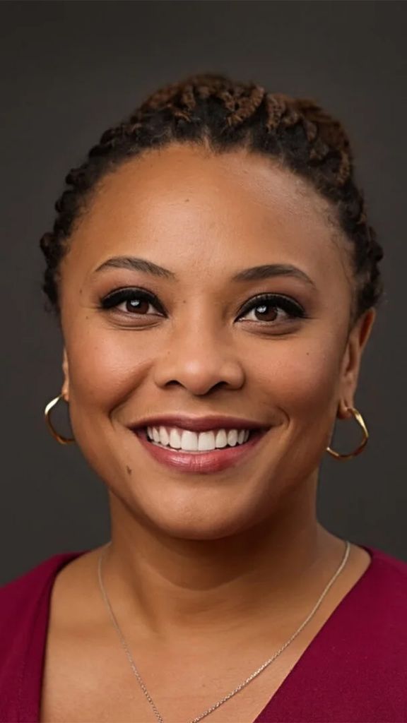 Photo: A black woman with a bright white smile and short dark hair poses for a formal headshot in front of a gray background