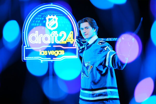 Macklin Celebrini (CAS’27) poses for a portrait after being selected first overall by the San Jose Sharks during the 2024 Upper Deck NHL Draft on June 28 at Sphere in Las Vegas, Nev. Photo by Mark Blinch/NHLI via Getty Images