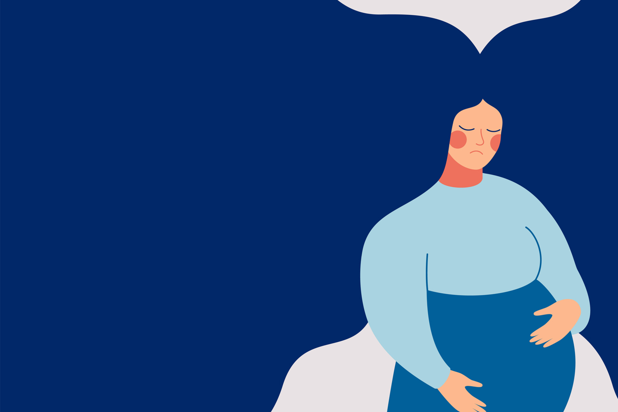 Illustration of a sad pregnant women with long blue hair