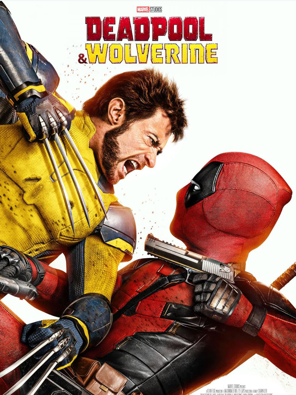 Photo: Movie poster for "Deadpool & Wolverine" featuring the two heroes in their suits. On the left is Wolverine, in a yellow suit pointing his claws at Deadpool in his read on the right, who is brandishing a gun
