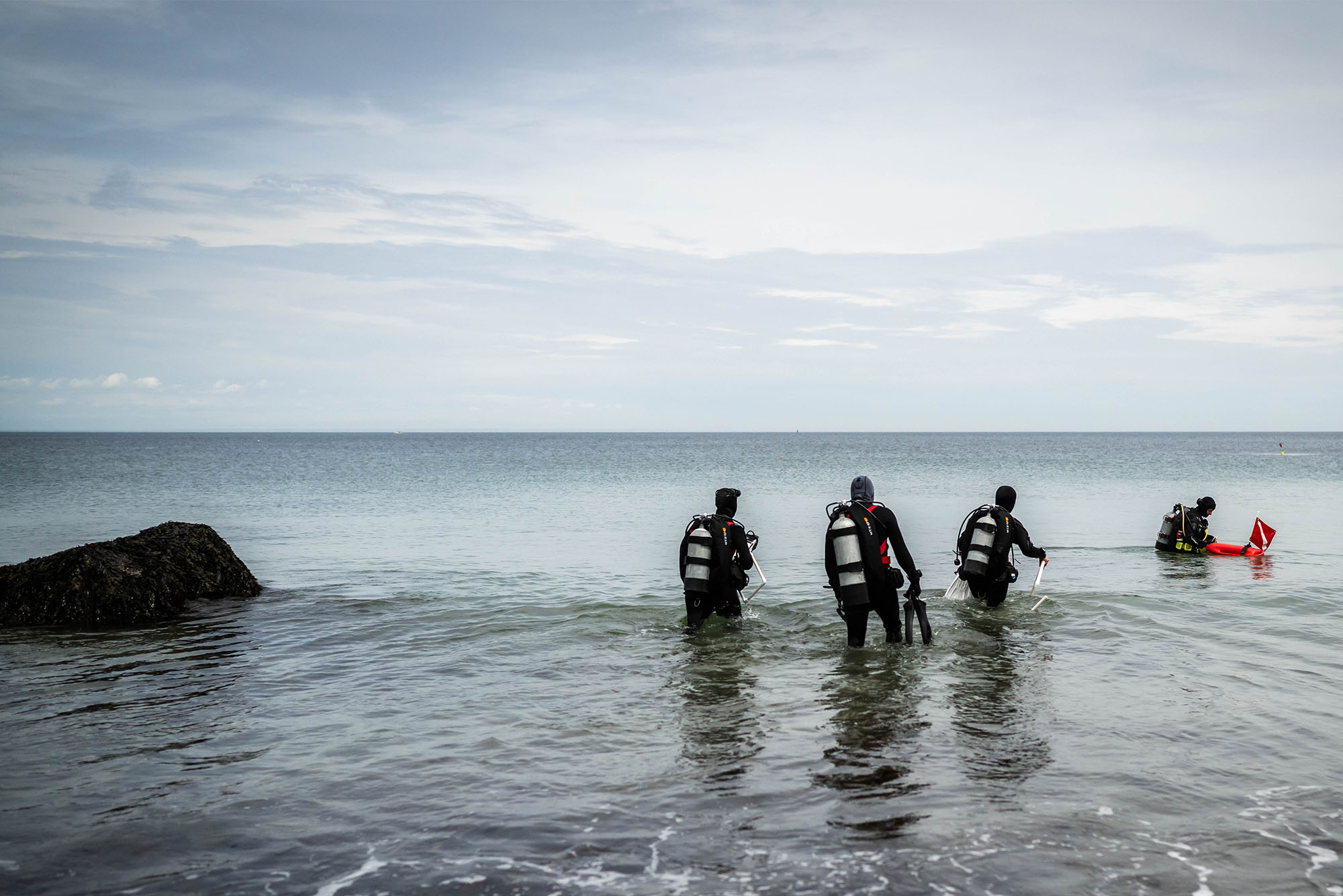 Photo: A group of divers in scuba gear wade out into the ocean on a cloudy day in Rockport, Massachusetts