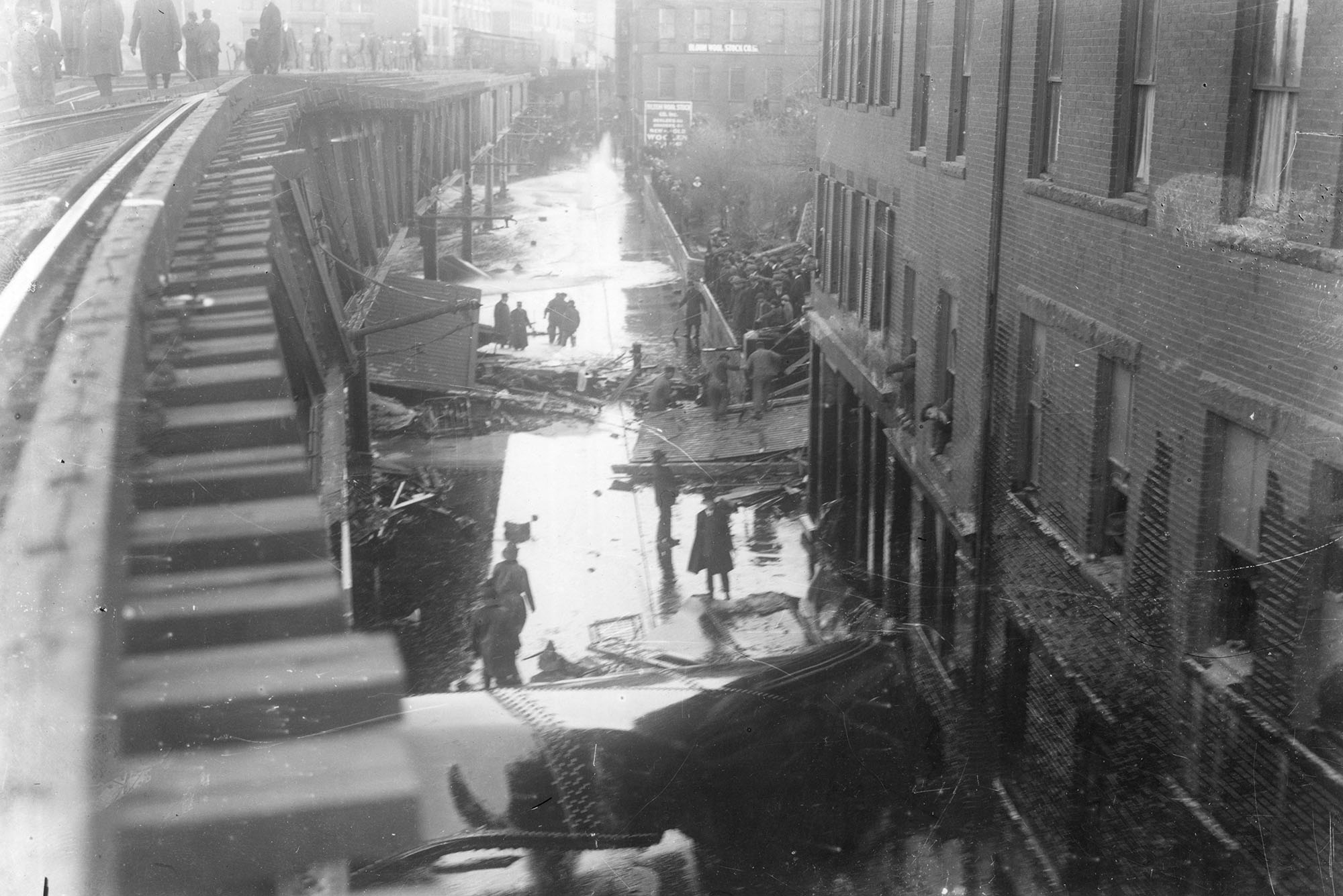 Photo: A black and white archive picture of the damage caused by the Great Molasses Flood in 1919.