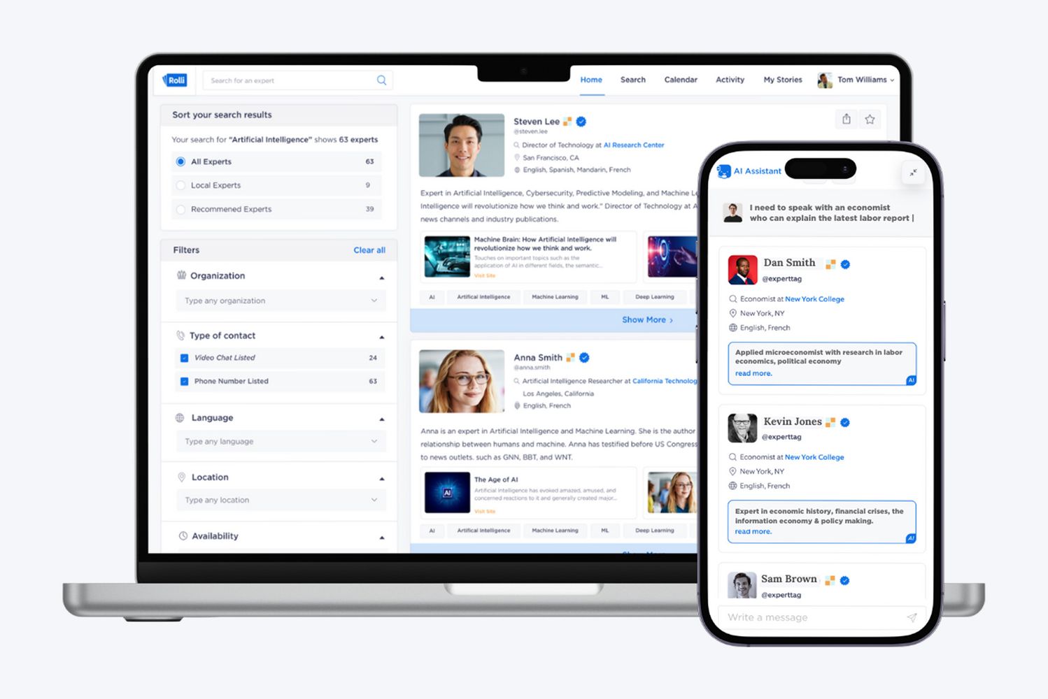 Graphic of a laptop and phone screen displaying the User Interface of the app Rolli, which connects experts with journalists. The interface displays the pictures of multiple people with contact information and other descriptors.