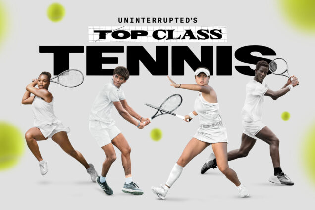 Photo: Logo for Top Class Tennis, a new show on Amazon Prime. Image contains four tennis players in all white, mid-action shot of hitting a tennis ball. Various tennis balls populate the picture.