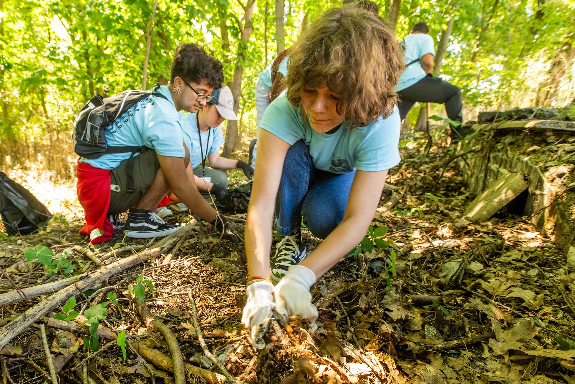 Photo: A picture of students doing service and pulling up weeds from the woods. They are wearing matching blue shirts and protective gloves
