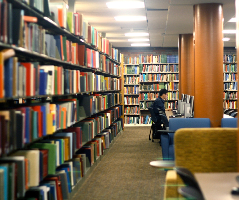 inside the book stacks at Mugar Memorial Library, Boston University's library in Central Campus. 