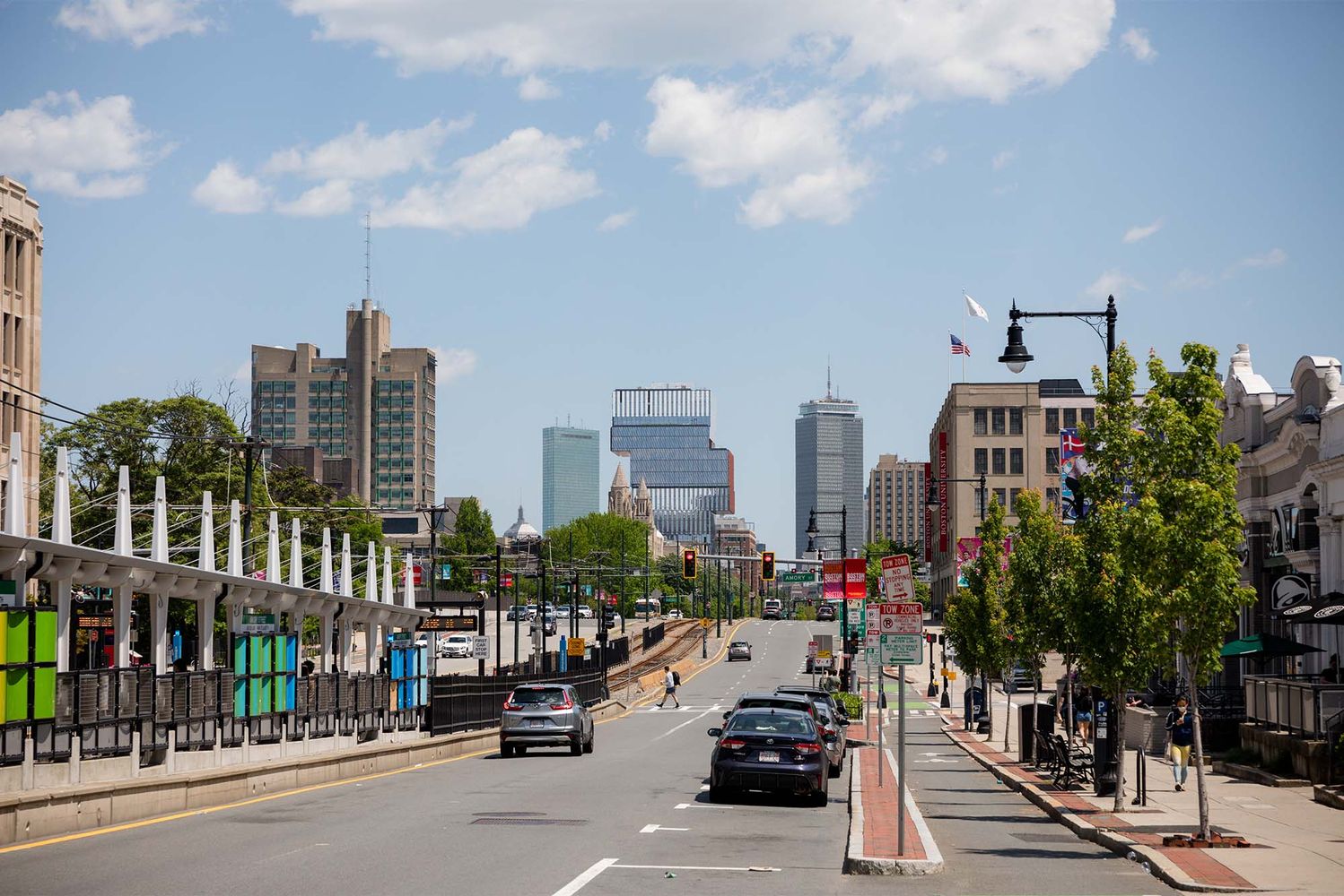 Photo: Boston University's campus looking east, with the Boston Skyline in the background on a sunny day