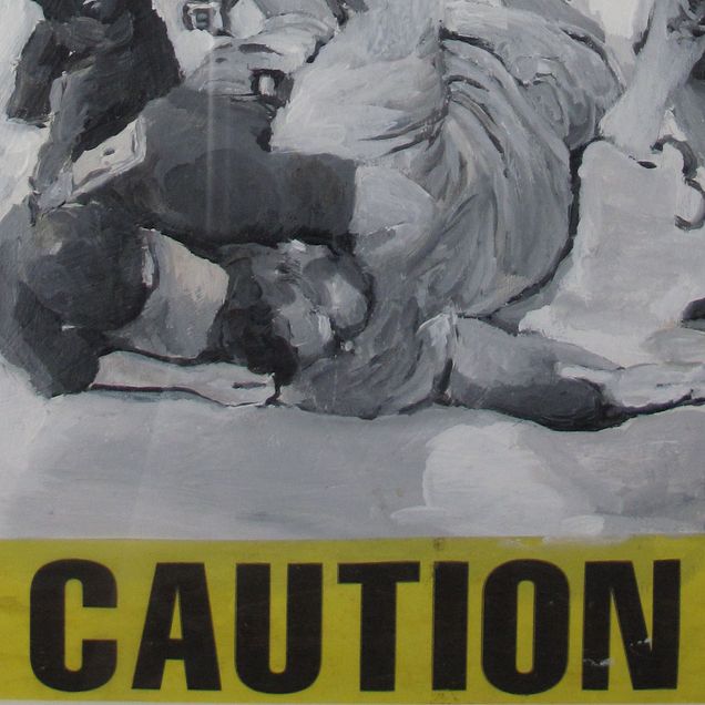 Illustrative depiction of the murder of Eric Garner, with police officers piling on top of a black man. The art style is black and white with significant blurred/artistic/stylistic choices