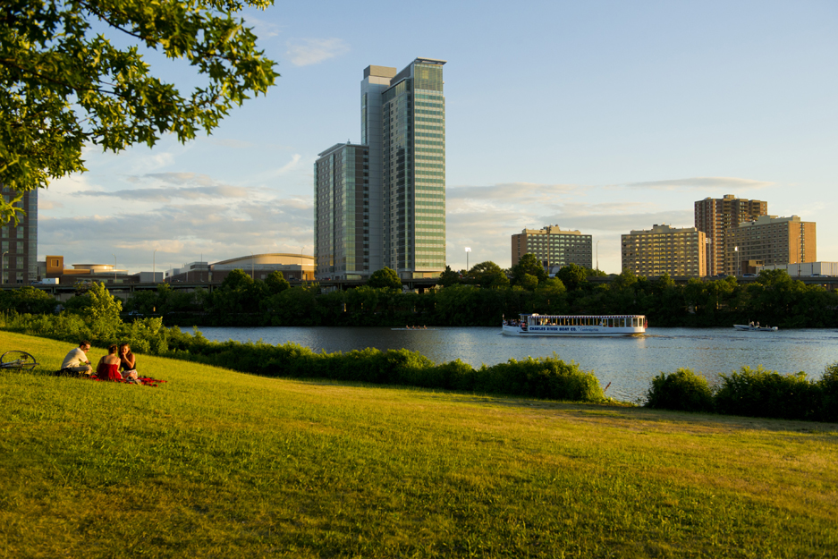 From a point of view on the other side of the charles, you can clearly see Boston University's dorms a part of the John Hancock Student Village. Two of these buildings include StuVi I and Stuvi II, Boston University's high-rise, apartment-style living quarters.