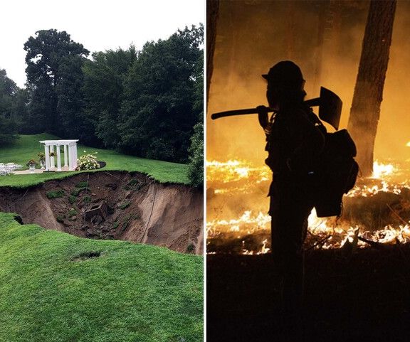 Photo: A composite image of the scene of a wildfire raging in California next to a photo from the aftermath of a flood in Connecticut.