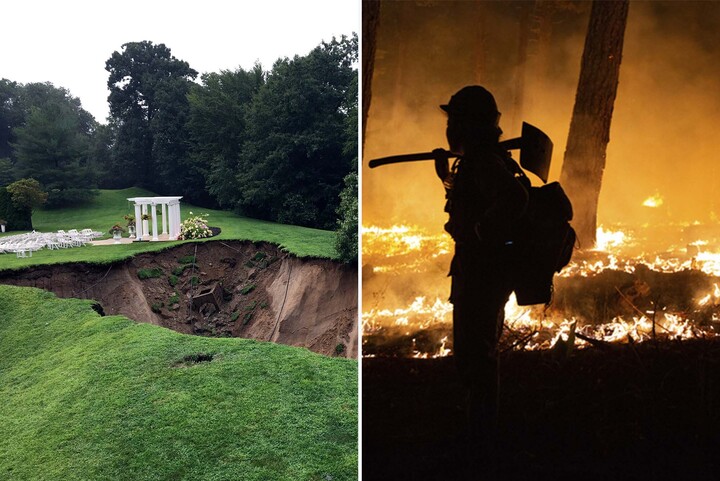 Photo: A composite image of the scene of a wildfire raging in California next to a photo from the aftermath of a flood in Connecticut.