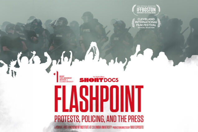 Photo: A composite logo of new documentary called FLASHPOINT. The image has a fogged picture of riot police contrasted with a white silhouetted image of people cheering.