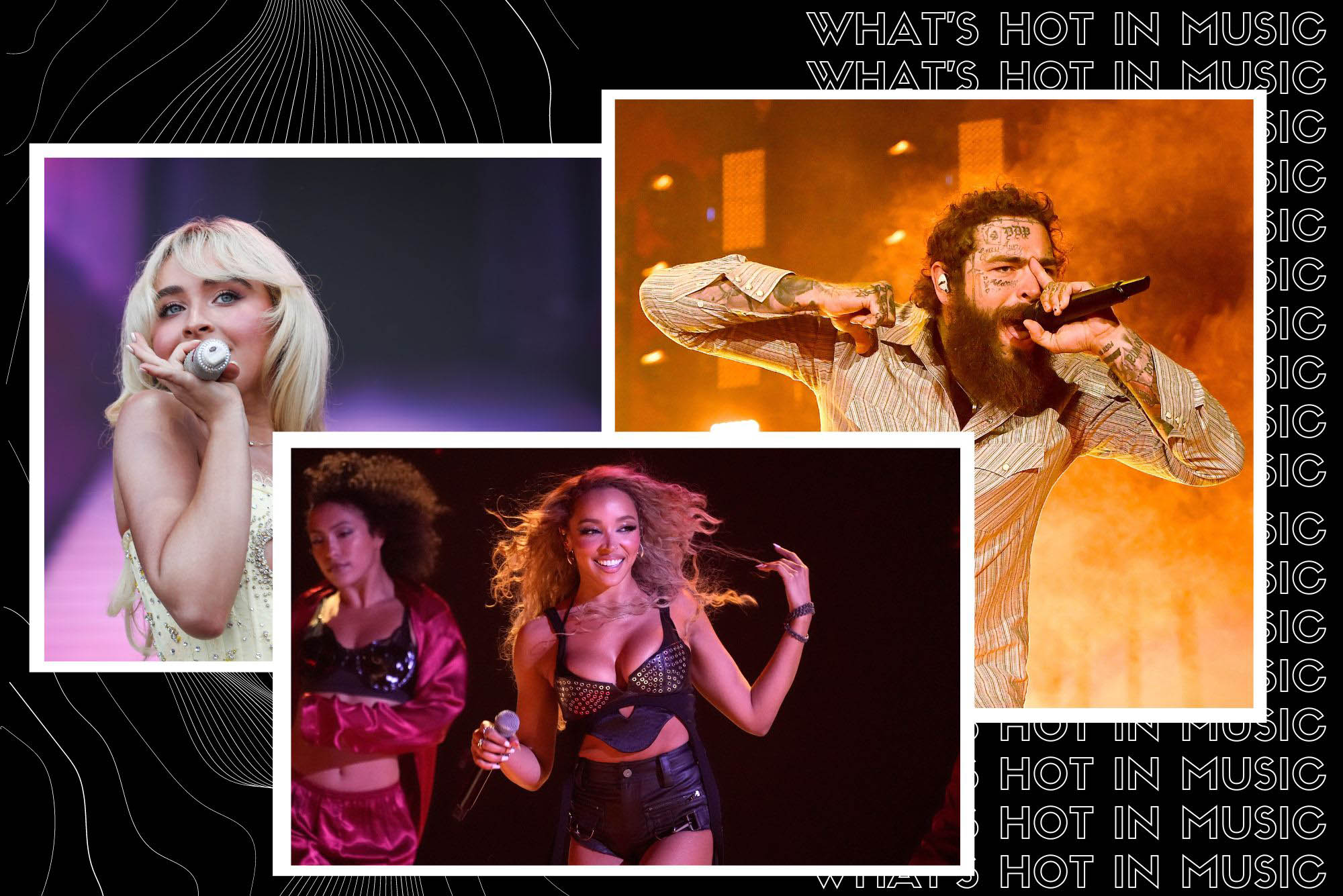 Photo: A collage of three different artists on a black background. Sabrina Carpenter, a blonde white woman sings. In the center, a black woman with long hair wears a bustier and smiles while performing. On far right, a white man, Post Malone, sings into his mic.