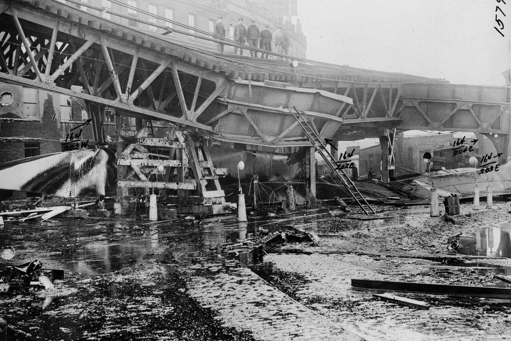 Photo: A black and white archive picture of the damage caused by the Great Molasses Flood in 1919.
